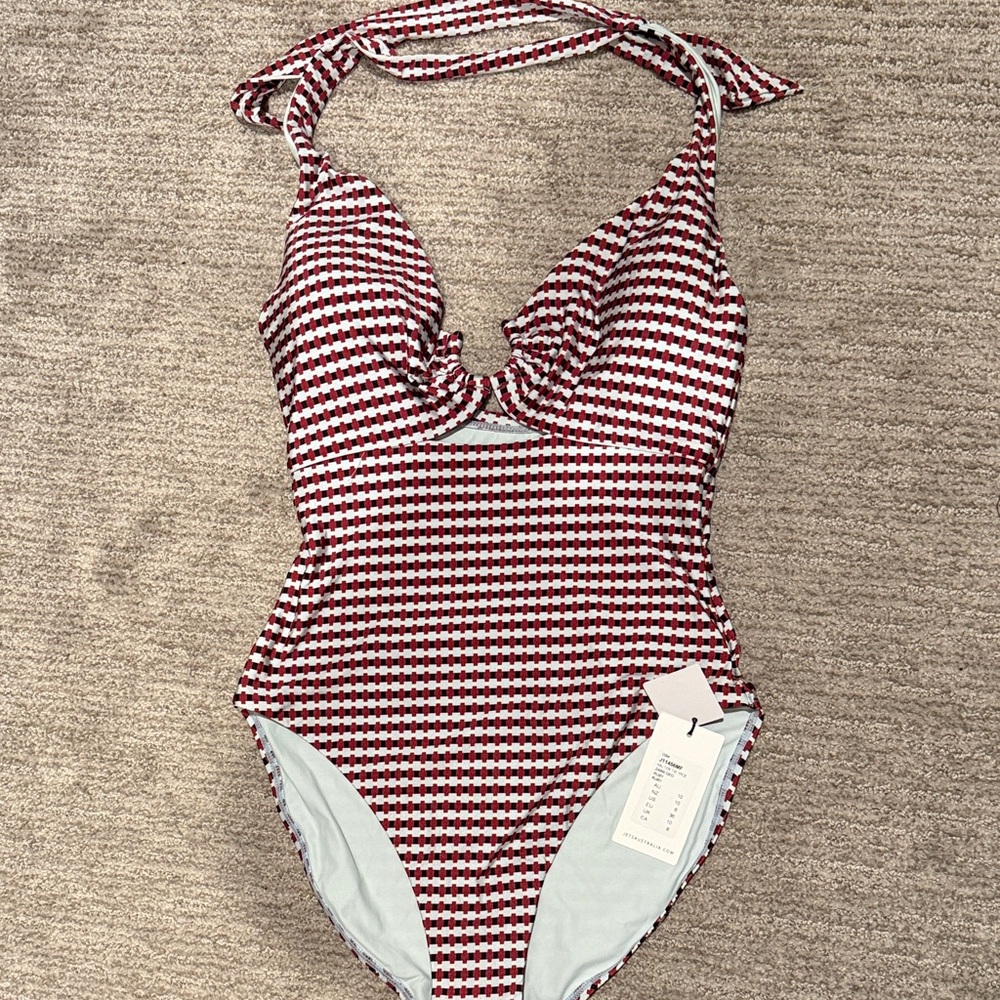 NWT Halter One-Piece Swimsuit in Red and White Geo Print